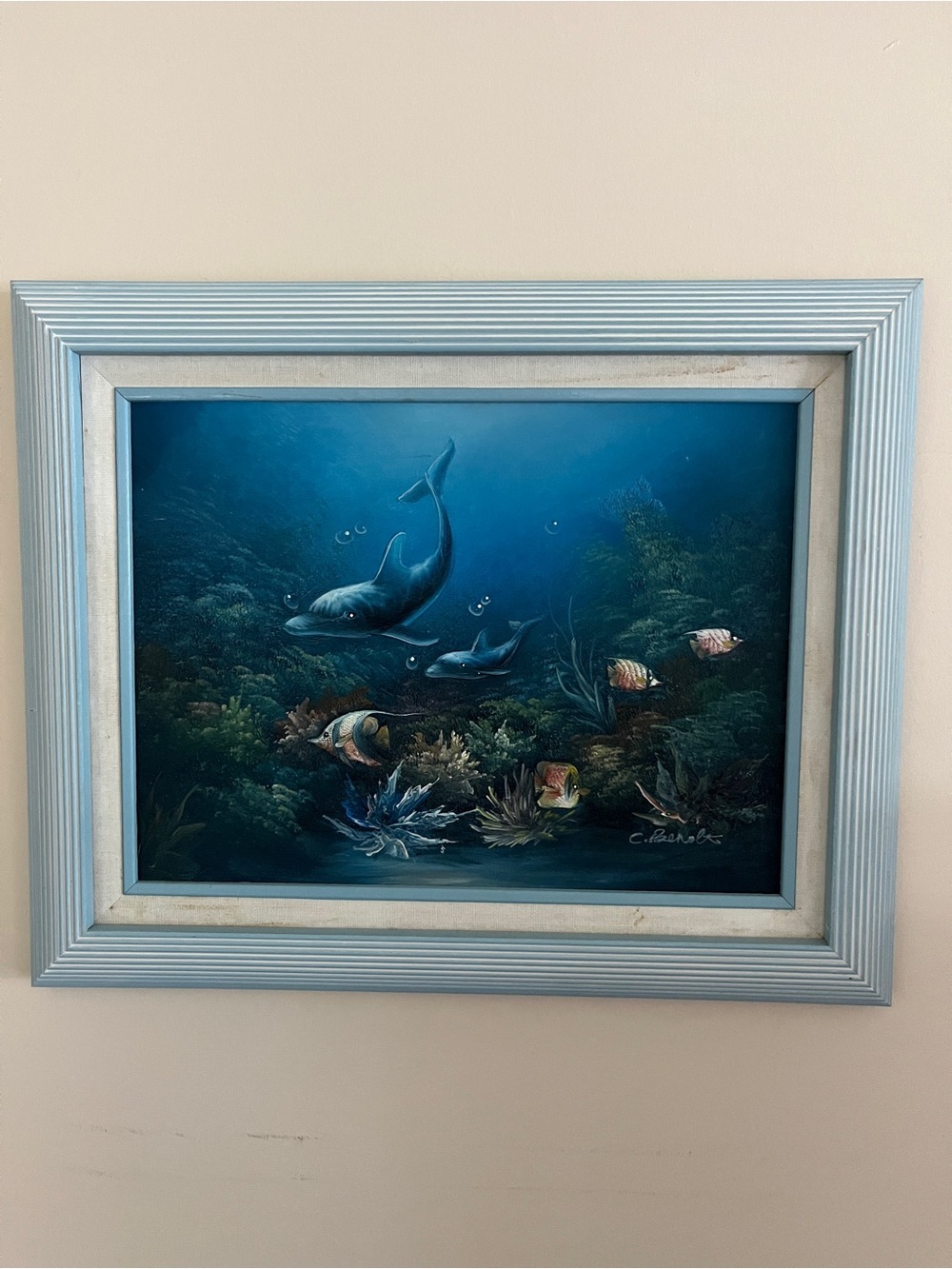 C. BENOLT SIGNED VINTAGE ORIGINAL PAINTING OIL CANVAS 16”x11" DOLPHINS SeaLife